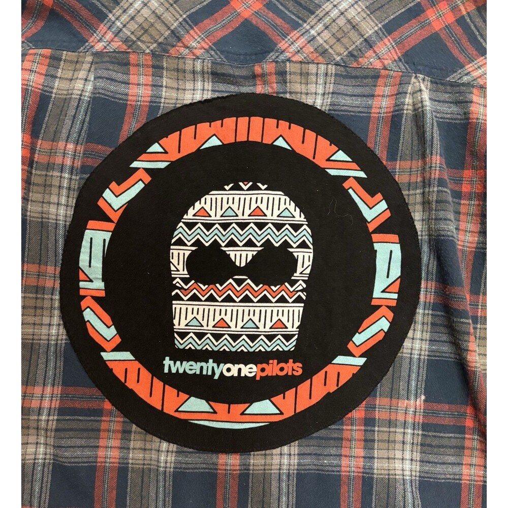 Upcycled Twenty One Pilots Button Down Flannel Top Womens Size Large Grunge Rock - Picture 12 of 13